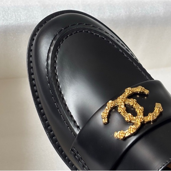 Chanel Black Loafers with Gold Logo - Picture 2 of 7